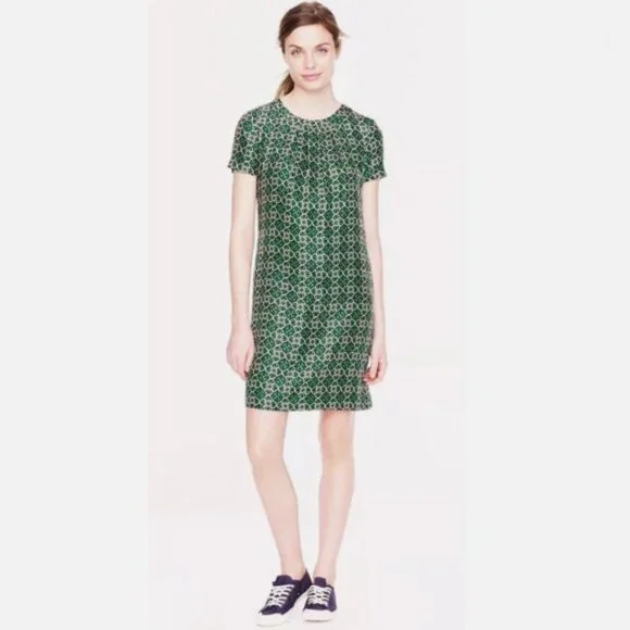 J. Crew Cutaway Back Green Navy Silk Swoop Dress in Latticework Medallion - 0 - Picture 3 of 12